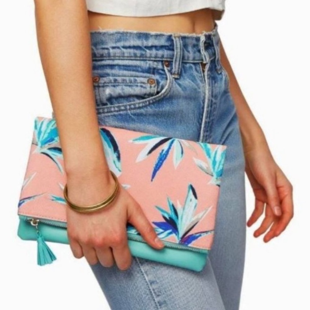 Rachel Pally NWOT Reversible Tropical Leather Fold Over Pocket Clutch Coral Teal